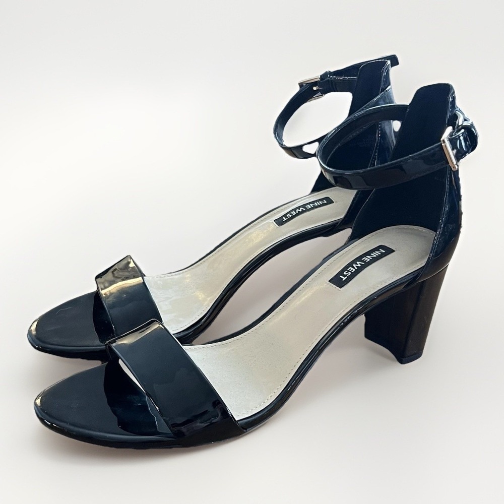 Nine West Black Patent Ankle Strap Heels Womens 9.5M Block 3in Heel Sandals‎